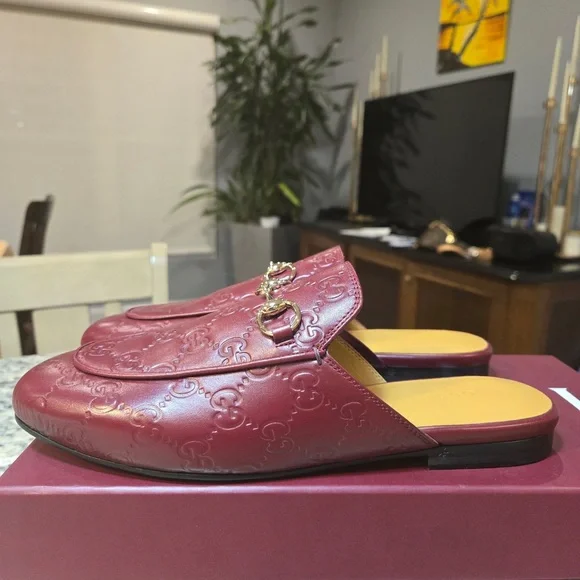 NEW Gucci Burgundy Princetown Leather Mules with Horsebit Detail Size 37.5 - Picture 5 of 12